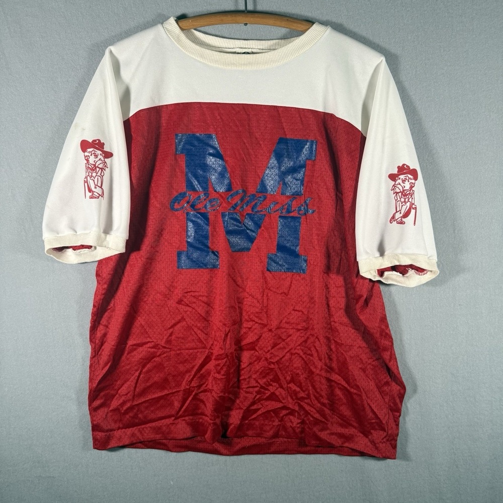 Vintage 80's Artex Ole Miss‎ Rebels Red White Football Jersey Large
